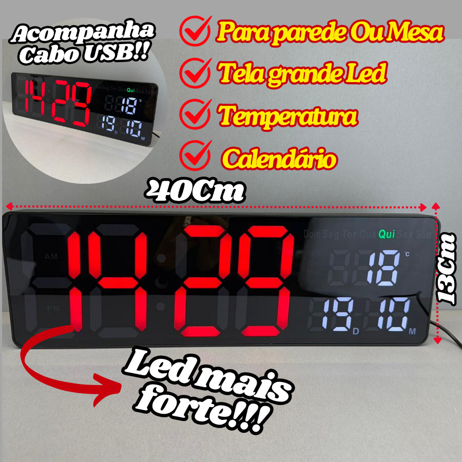 Relógio Digital 40x13Cm De Parede Ou Mesa Calendário Temperatura Horário Semana Decorativo