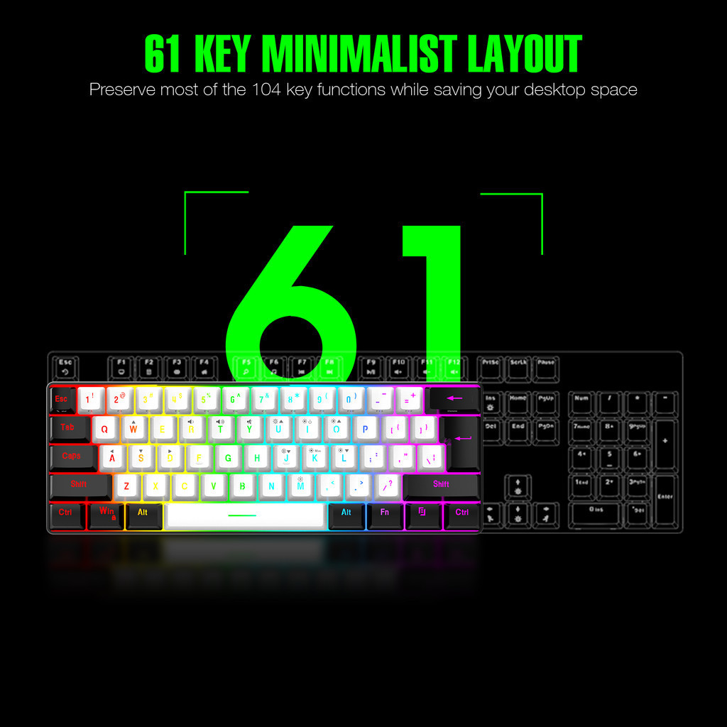 Teclado Mecânico para Jogos 61 Teclas - Retroiluminação RGB, Cabo USB-C Removível, Compacto e Portátil