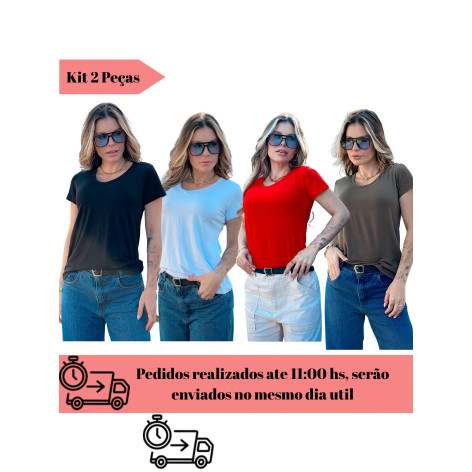 Kit 2 Blusas Feminina Manga Curta Gola V T-Shirt em Oferta na Shopee