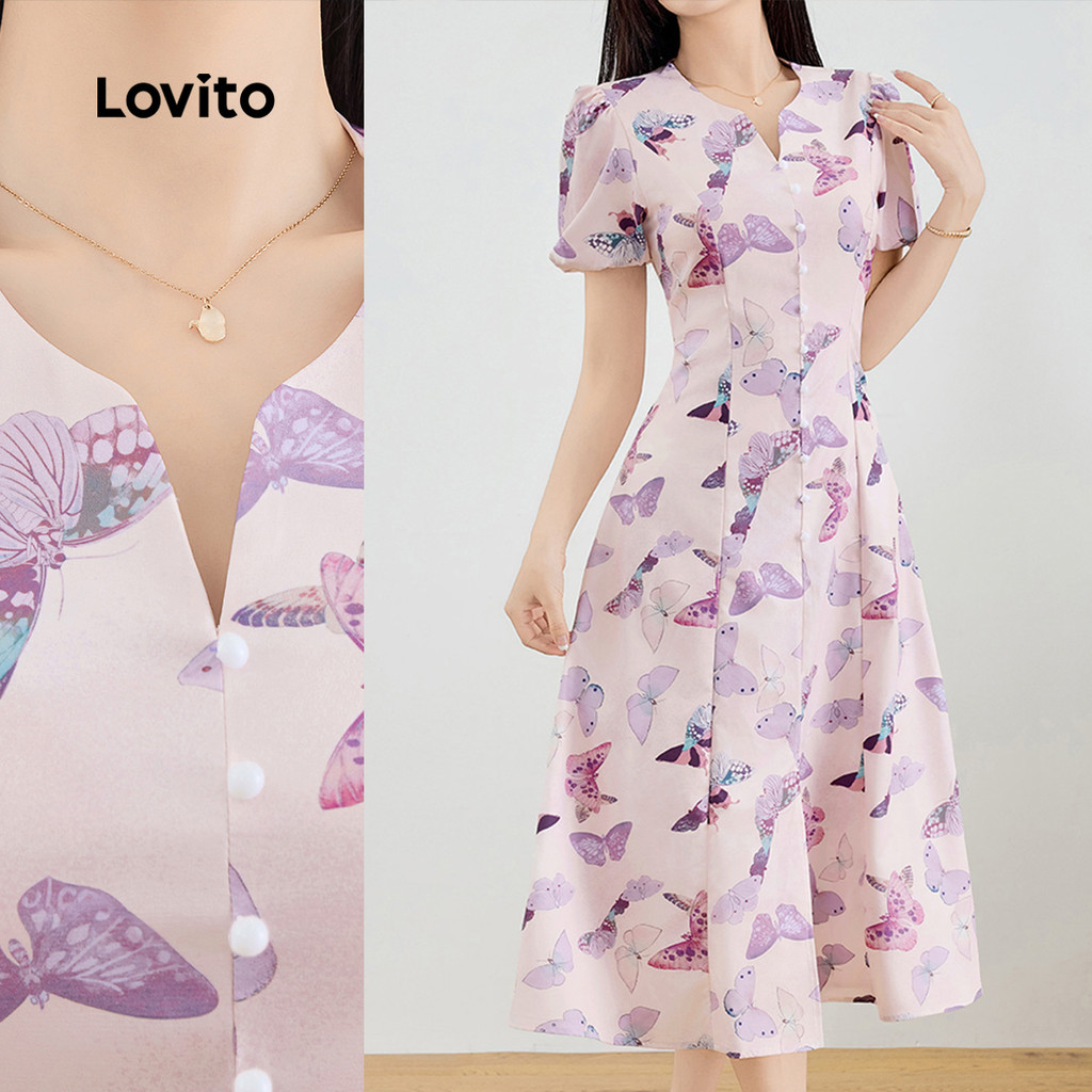 Lovito Vestido Casual com estrutura borboleta e mangas bufantes para mulheres L131LD1345 - Women Clothes
