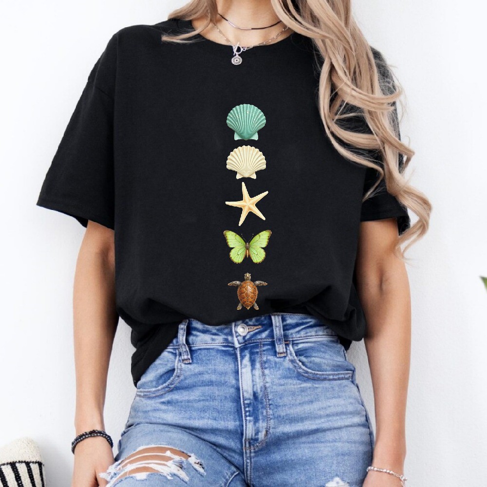 Camiseta Feminina Conchas Estrela Mariposa Tartaruga Blusa Unissex Streetwear 2025 Novo