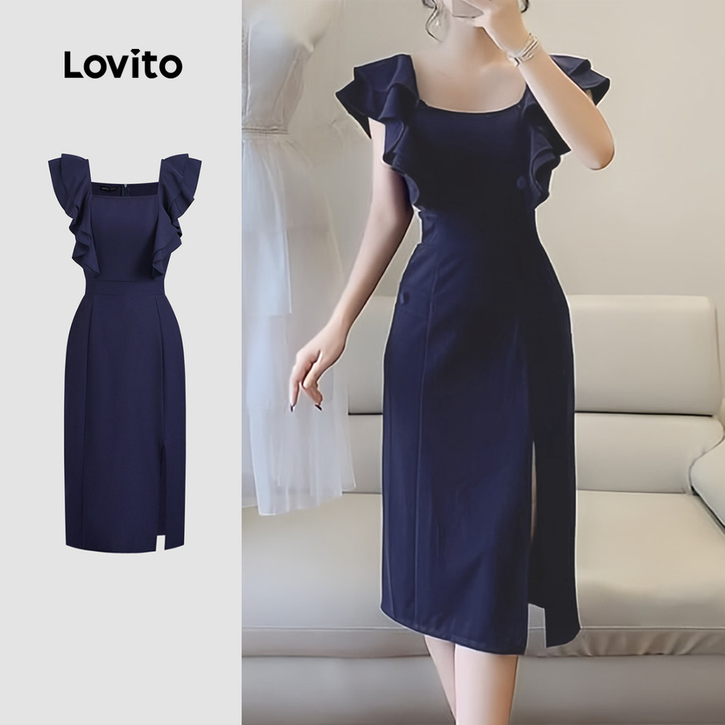 Lovito Vestido Casual De Camada Dupla Dividido Na Frente Primavera/Verão Vestido Marinho Para Mulheres L134ED376 - Women Clothes