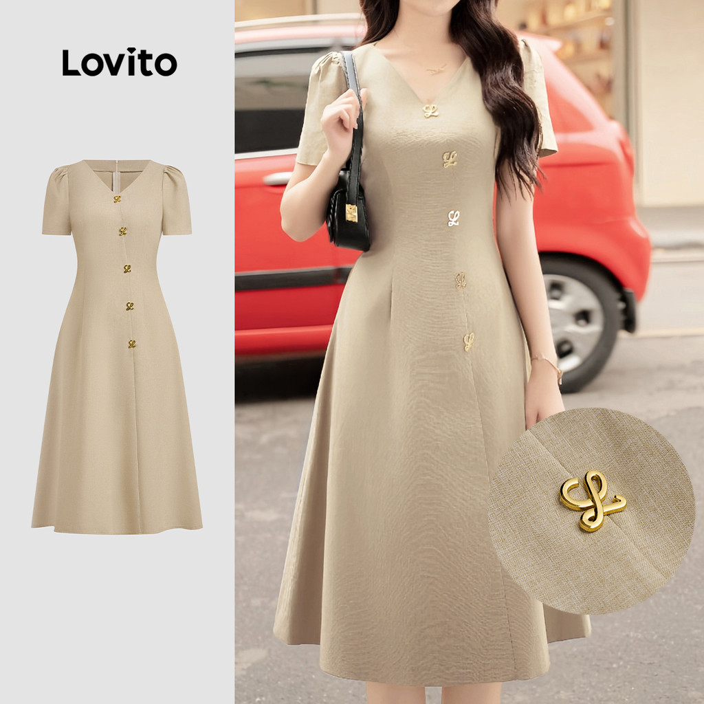 Lovito Vestido Elegante Com Fivela De Metal Retrô Commute Verão/Primavera Vestido Cáqui Para Mulheres L134ED917 - Women Clothes