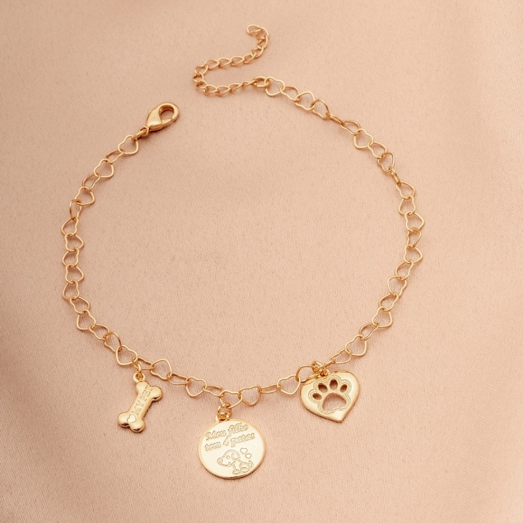 Pulseira Feminina Mãe de Pet com Elo de Coração e Pingentes Pata e Cão Semijoia Banhada a Ouro 18k. em Oferta na Shopee