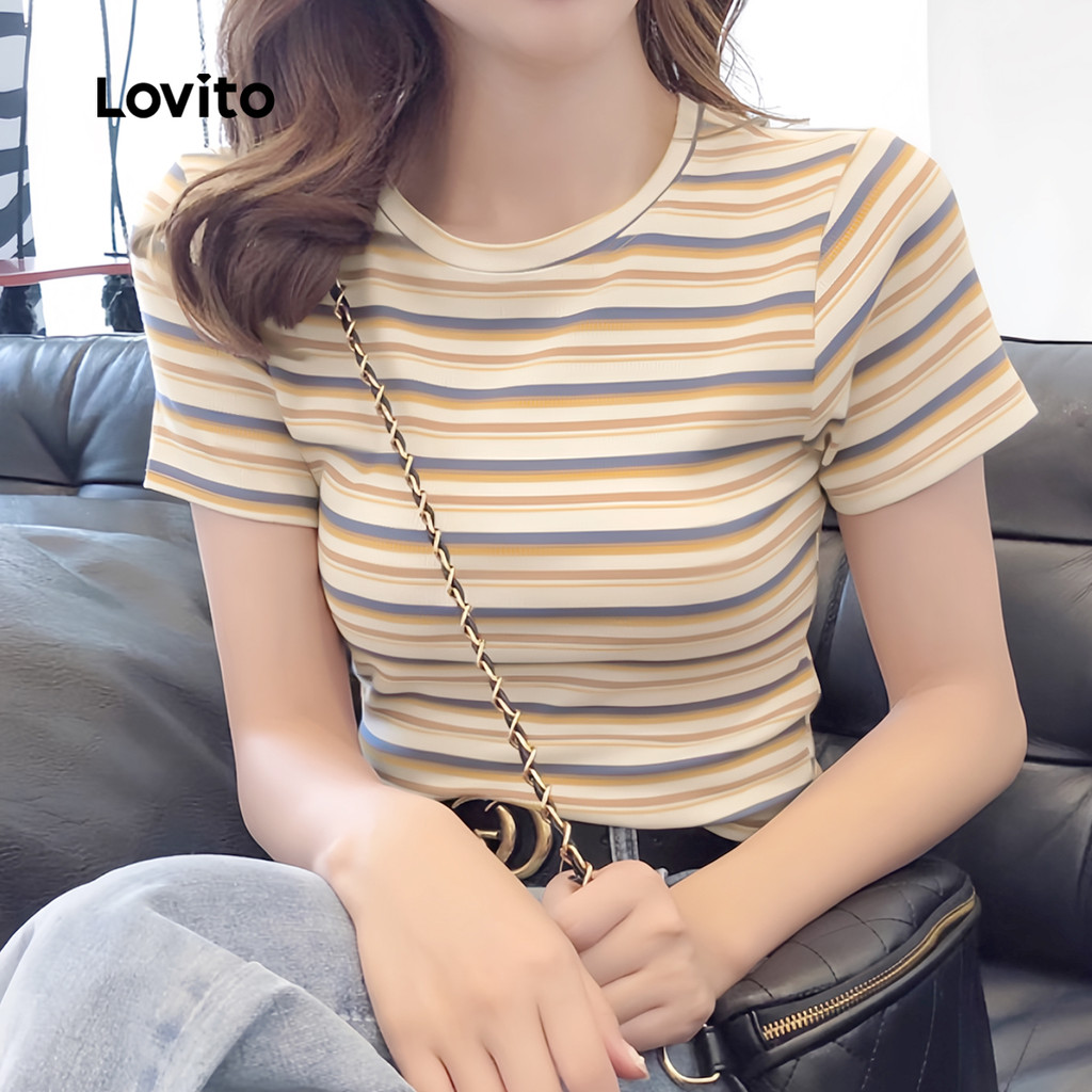 Detalhes do Lovito Camiseta Casual Listrada Com Blocos De Cores Verão Primavera Multicolorida Para Mulheres L134ED134