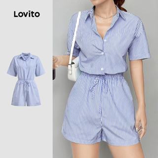 Lovito Macacão Casual Listrado Com Botões E Cadarço, Macacão De Verão/primavera Para Mulheres L131ED509 em Oferta na Shopee