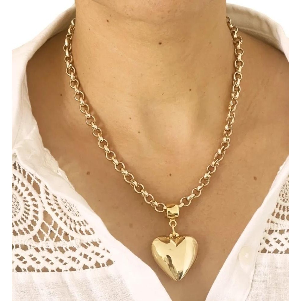 Colar Choker Corrente Feminino Elos Português Grosso 50cm Pingente Coração Liso Folheado Ouro 18k Tendência - Carvalho 
