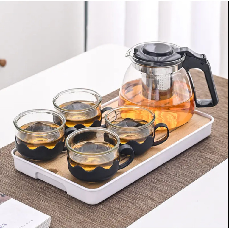 Conjunto De Jarra 4 Xicaras 1L Cha e Cafe de Vidro Com Infusor