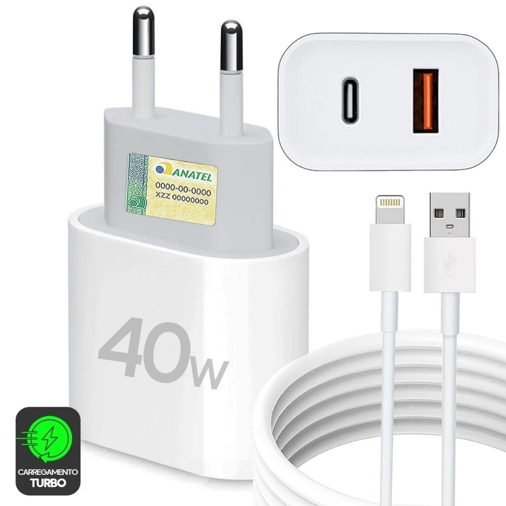 Carregador Iphone Super Turbo Fonte 40W 2 Entradas USB e USB-C + Cabo Usb-Lightning Ultra Rápido 7 8 X XR XS 11 12 13 em Oferta na Shopee