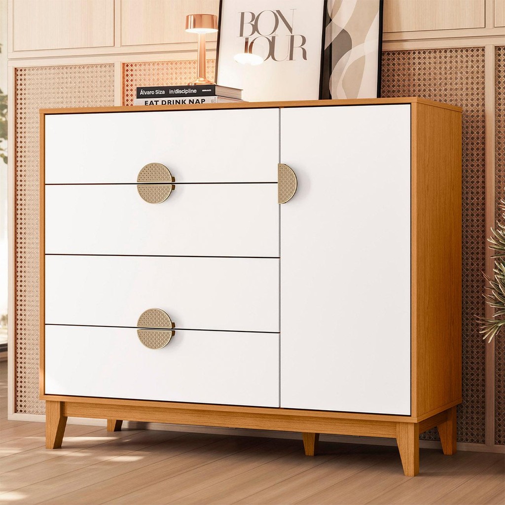 Cômoda Sapateira 1 Porta 4 Gavetas 120cm Ipê Branco/Cinamomo - Albatroz