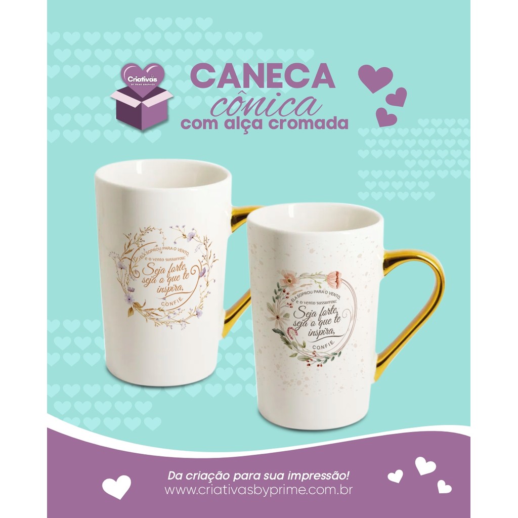 Caneca Cônica Branca de Porcelana Personalizada com Alça Cromada Dourada - 400ml