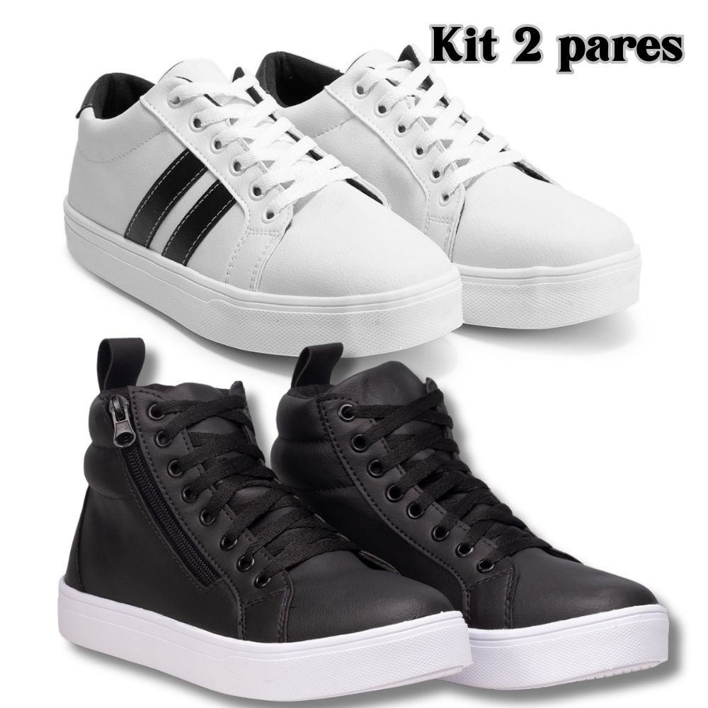 Kit Tenis Feminino Tênis Feminino Sola Plataforma Branco + Botinha Preta