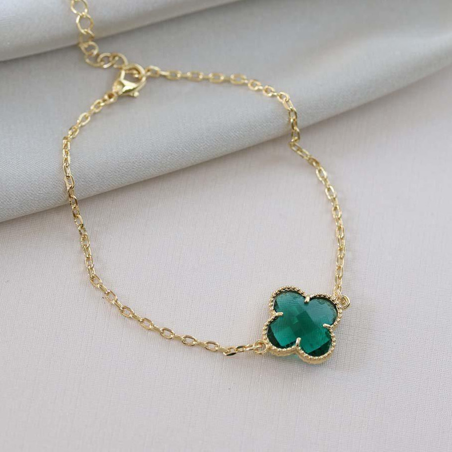 Pulseira Trevo Virginia Pedra Esmeralda Verde Banhado a Ouro 18k
