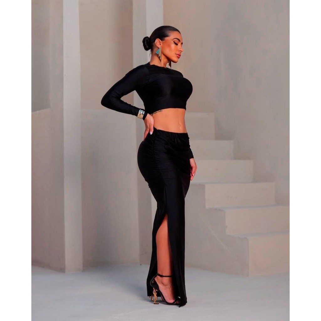 Conjunto feminino Cropped manga longa gola redonda colado com Saia longa com fenda fashion na perna lateral elegante