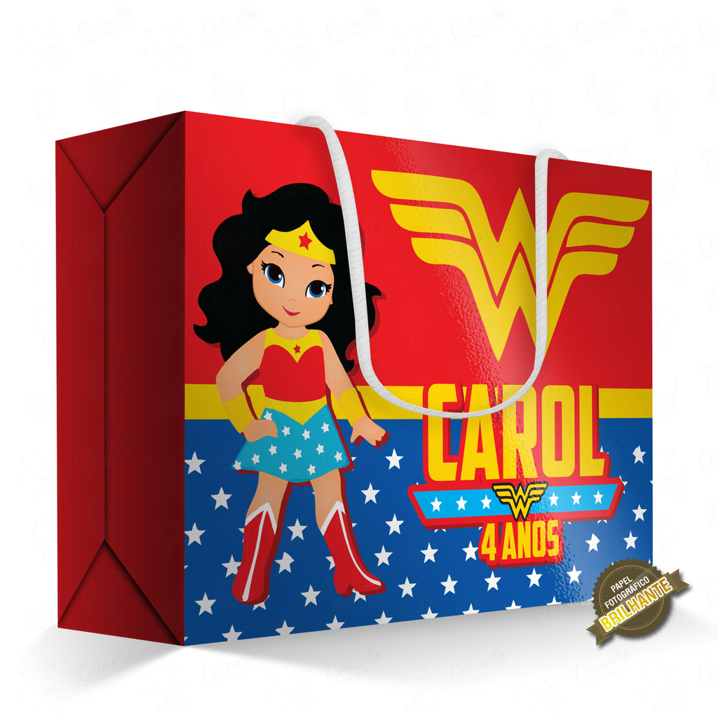 10, 15, 20 ou 25 unid - Caixa Surpresa - Mulher Maravilha Cute -[QUALIDADE PREMIUM COM BRILHO] - Sacolinha Personalizada