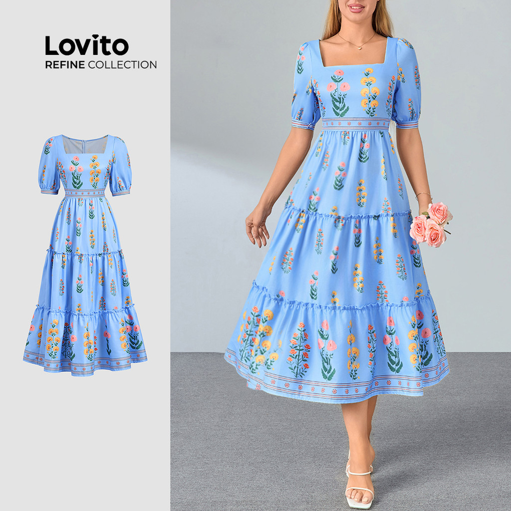 (Lovito Refine) Vestido Casual Floral Em Camadas Com Padrão Azul Para Mulheres LR11LD077 - Women Clothes