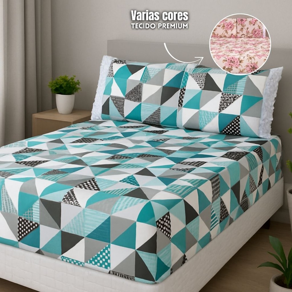 Kit Jogo de Lençol 3 Peças Estampado 180 Fios com Elástico Fronhas Lese Toque Suave Solteiro Casal Queen e King