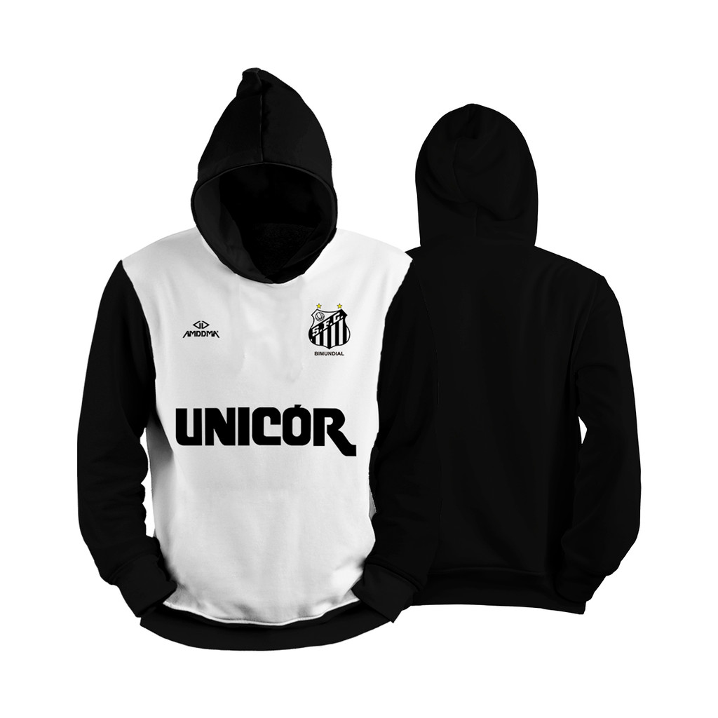 Moletom Estampa Time Futebol Sant Preto e Branco Full Capuz Blusa de Frio Fechado Tecido Algodão