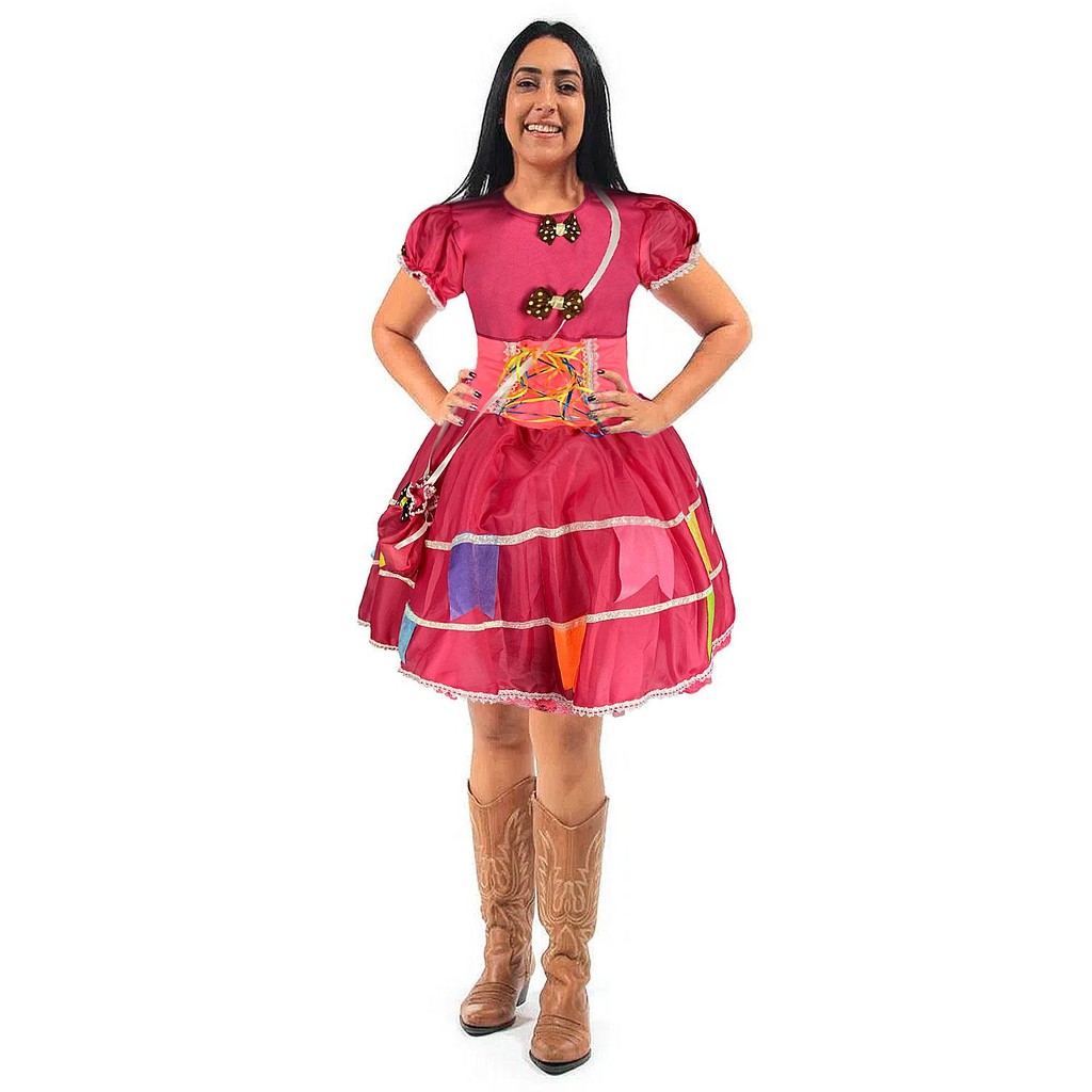 Vestido Festa Junina Feminino Com Espartilho Bandeirinhas e bolsa em Oferta na Shopee