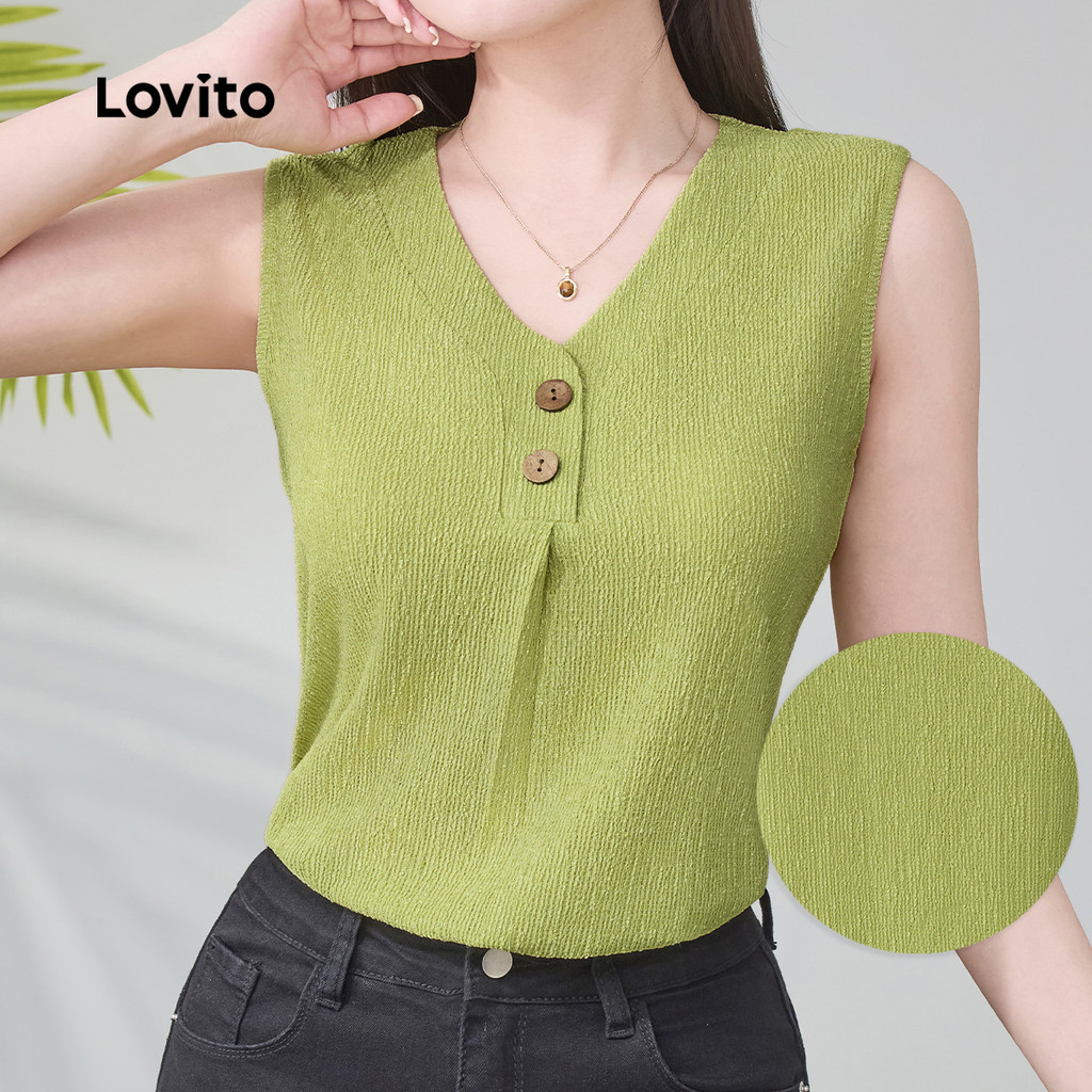 Lovito Top Casual Liso Com Botões, Verão, Primavera, Verde, Regata Feminina L134ED067