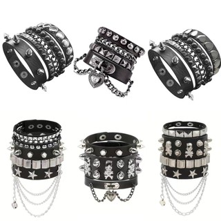 Harajuku Punk Moda Rebite Crânio Borla Pulseira De Couro Conjunto Para Homens Mulheres Pulseiras Góticas Jóias