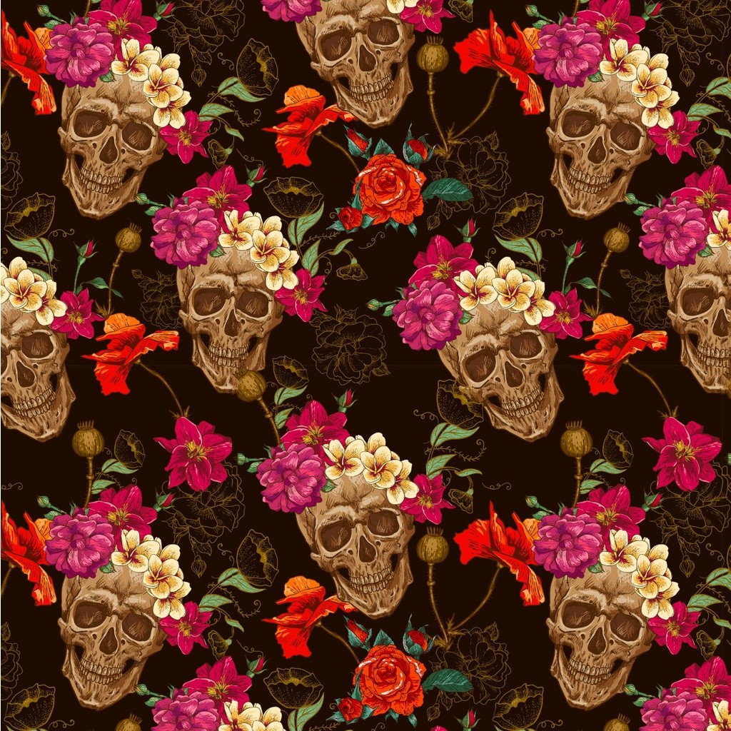 Tecido Microfibra TACTEL Caveiras flores Rosas Mexicana