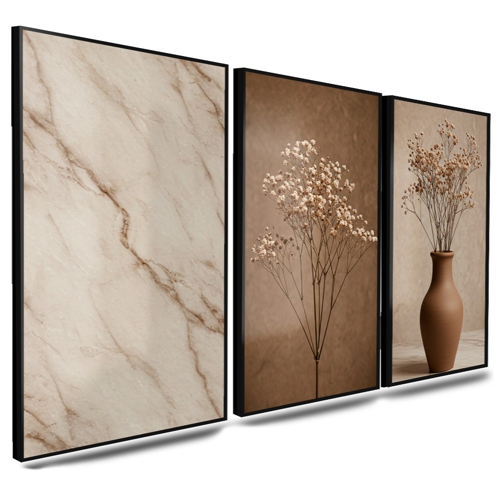 Quadros Decorativos 3 Peças Vaso Marrom Bege Mármore Casa Sala Quarto Decoração Hall
