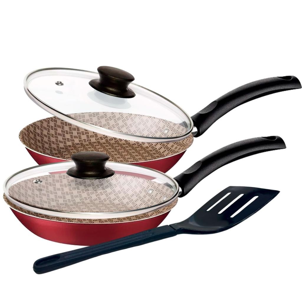 Kit de Frigideiras com Tampa 24cm Tramontina em Alumínio Antiaderente Vermelho com Espátula em Nylon