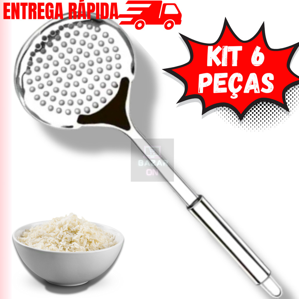 Kit 6 Escumadeira de Arroz em Aço Inox Para Fritura 32cm Cabo Ergométrico Utensílios de Cozinha