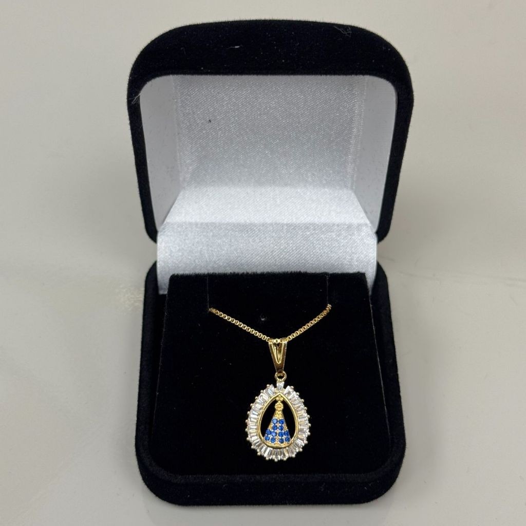 Colar Nossa Senhora Gota Cristal Caixinha Banhado a Ouro em Oferta na Shopee