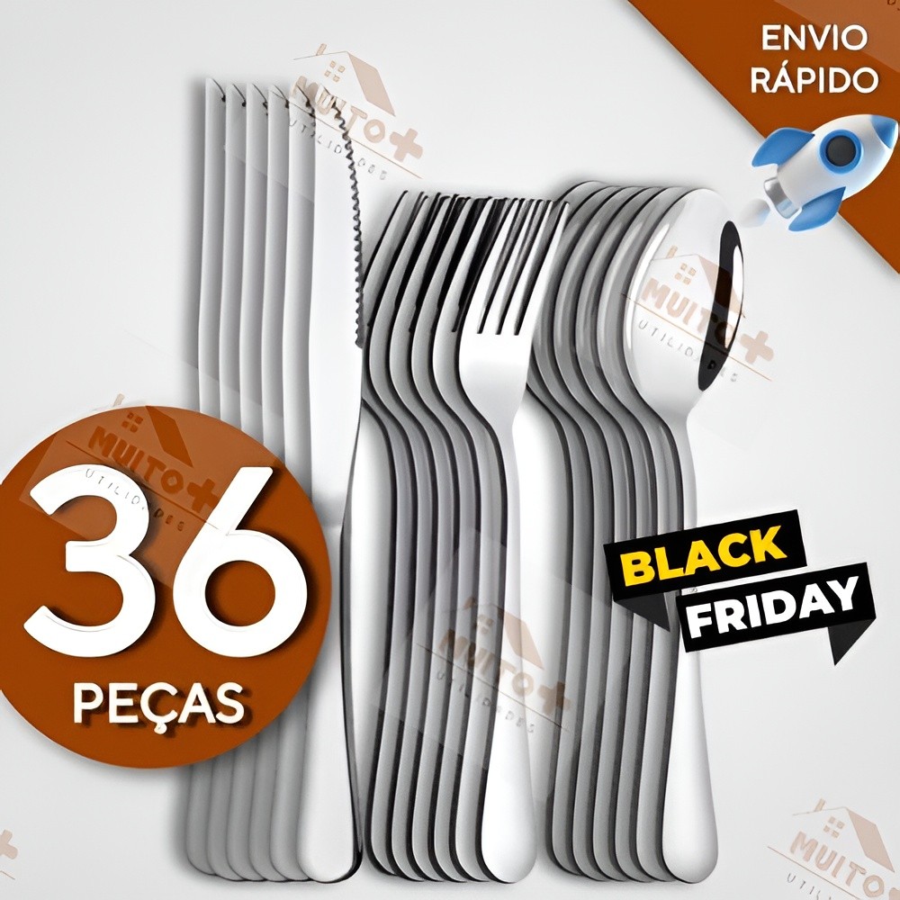Jogo de Talheres 36 peças Aço Inox 12 Facas 12 Garfos e 12 Colheres de Mesa Casa Para Restaurante