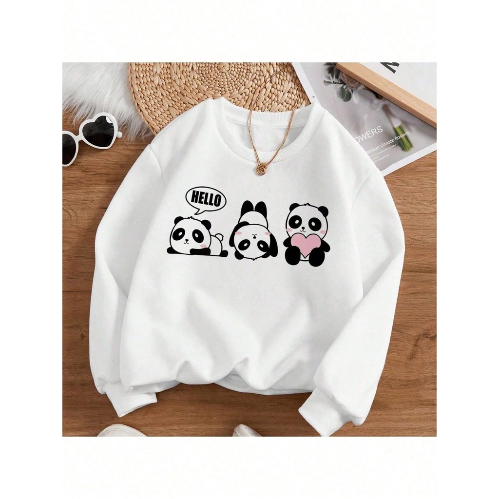 Moleton Gola Careca Garota pré-adolescente Gráfico de  Vários Panda  Revestido Térmico Moletom