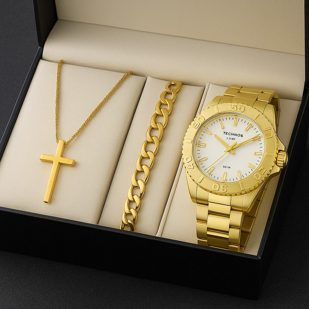 Kit Relógio Masculino Original (Ou Somente Relogio) + Corrente Cruz Banhado+ Pulseira em Oferta na Shopee