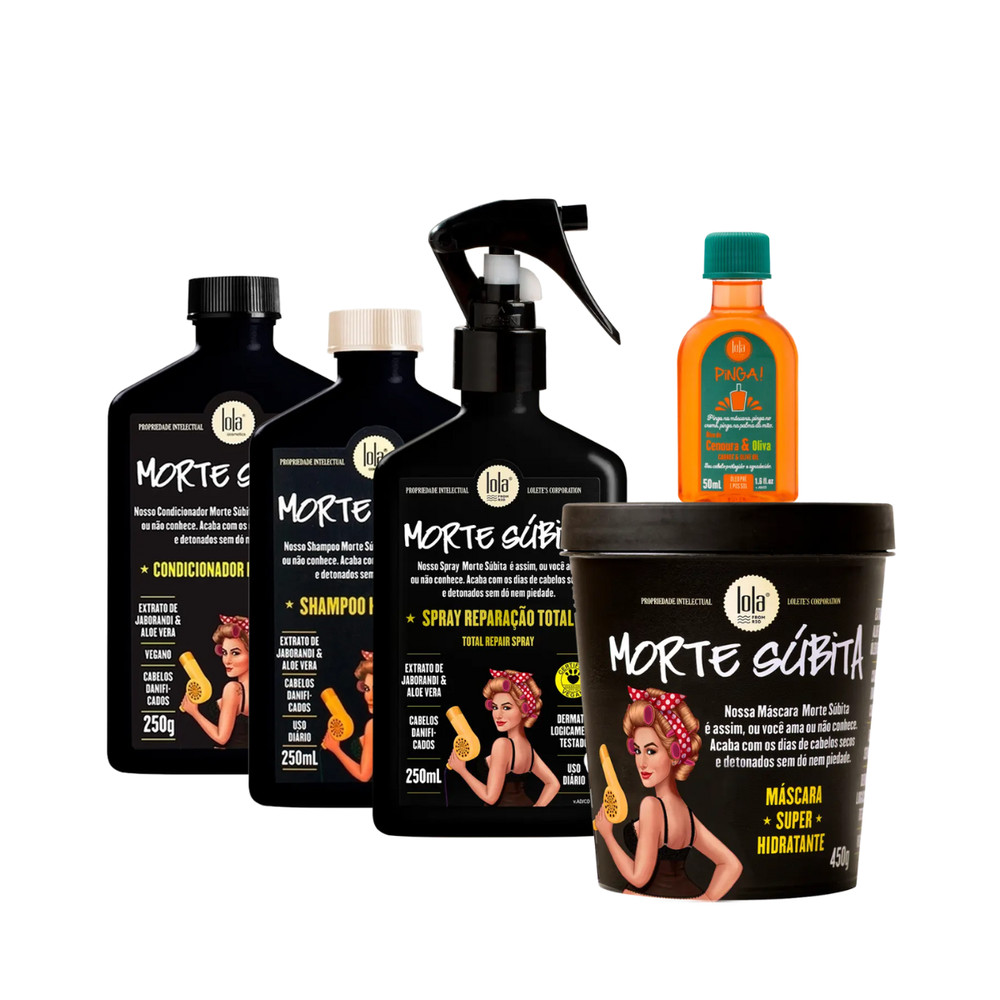 Kit Lola Morte Súbita Sh 250ml + Cond 250ml + Masc 450ml + Spray 250ml + Pinga! Óleo Cenoura e Oliva
