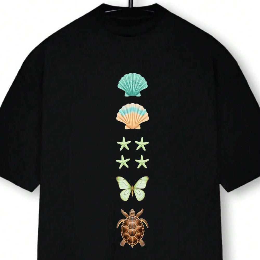 Camiseta Masculina Conchas Estrelas Mariposa Tartaruga Streetwear 2025 Novo