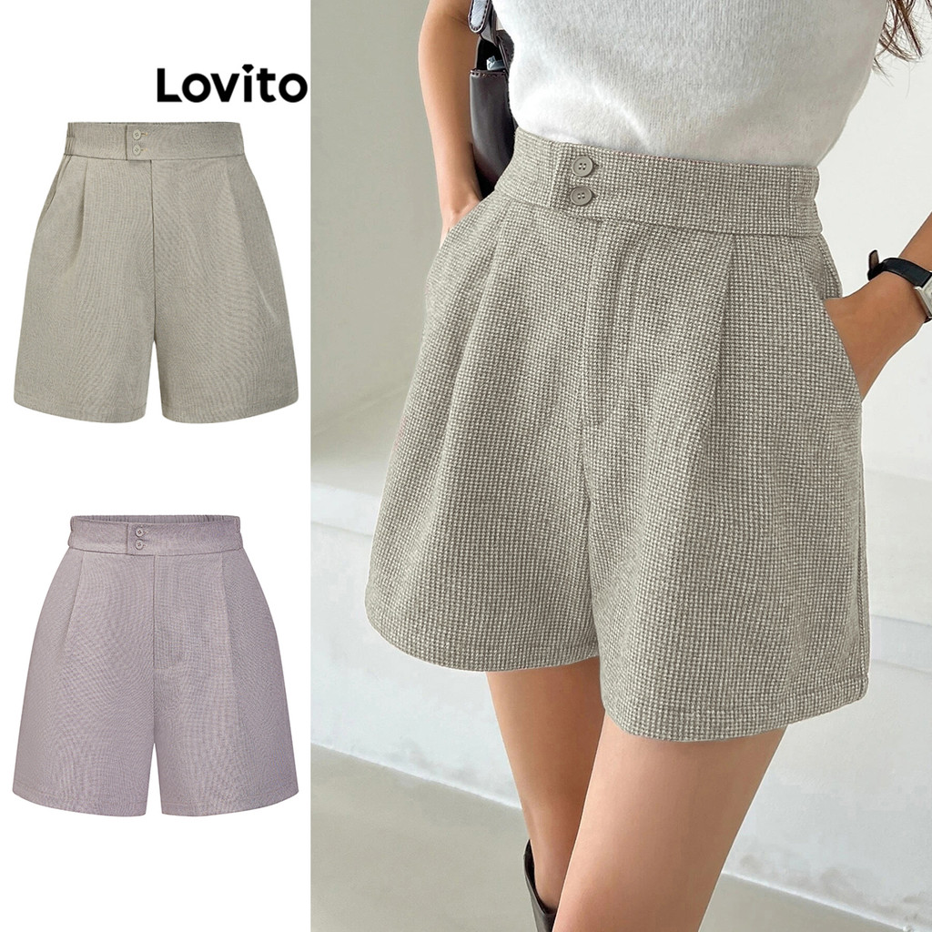 Lovito Shorts Casuais Shorts Guingão Com Botões Para Mulheres L70AD058 (Multicolorido)