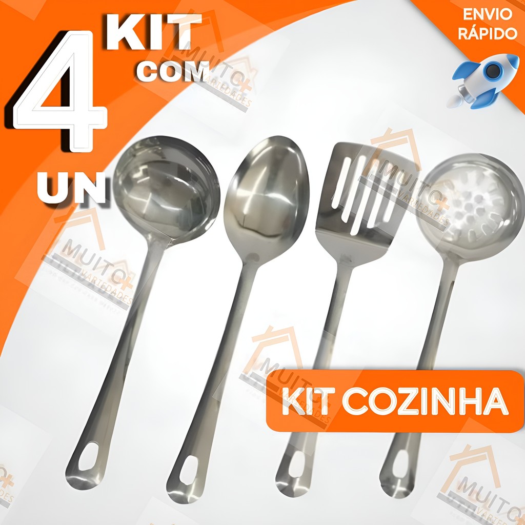 Kit 4 Peças Utilidades INOX para Cozinha Espatula Escumadeira Colher de Arroz Concha Comida Cozinha