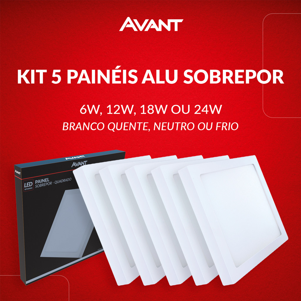 Kit 5 Painel Led Aluminio Quadrado Sobrepor 6w 12w 18w 24w Branco Quente/Neutro/Frio 110v/220v Bivolt Branco Avant em Oferta na Shopee