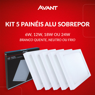 Kit 5 Painel Led Aluminio Quadrado Sobrepor 6w 12w 18w 24w Branco Quente/Neutro/Frio 110v/220v Bivolt Branco Avant