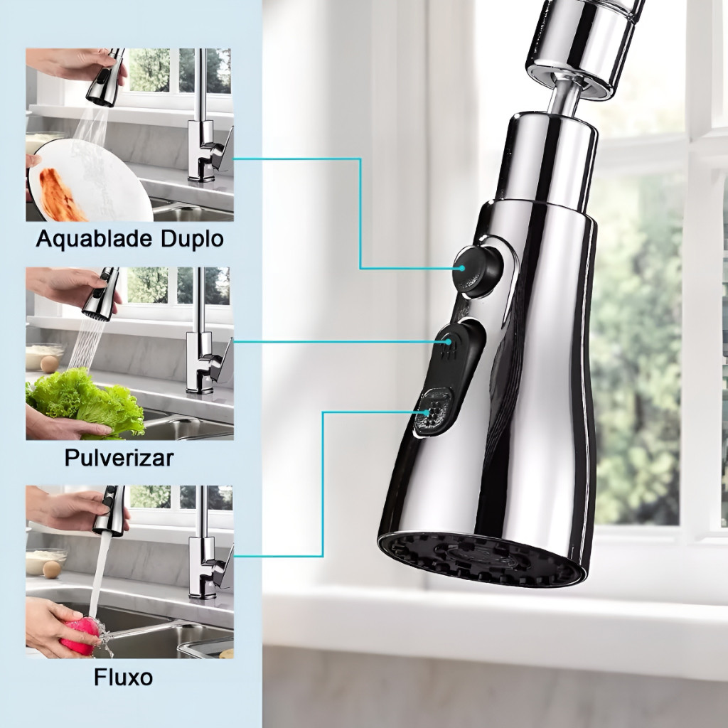 Extensor Giratório p/Torneira 3 Jatos Bico Aerador Gira 360° economia de água cabeça de extensão para casa