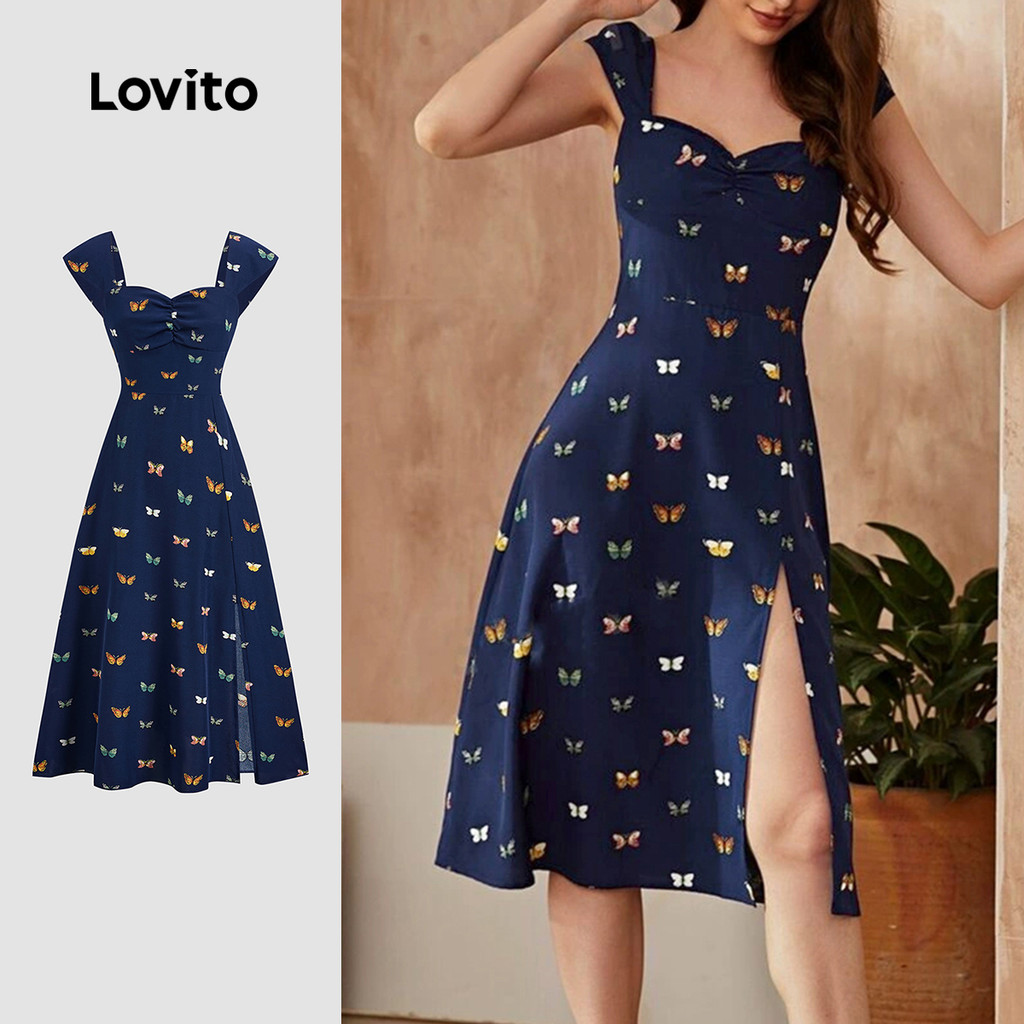 Lovito Vestido elegante com estampa de borboleta dividida para mulheres LBL23797 - Women Clothes
