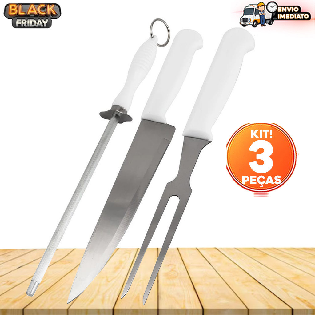 Kit Churrasco 3 Peças inox Faca Garfo Chaira Cozinha Churrasqueiro Profissional Aproveite