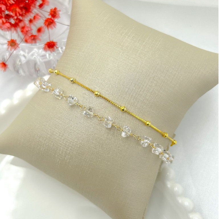 Kit 2 Pulseiras ouro 18k Folheada Bolinha Conjunto de Pulseira Feminina de Bolinha e cristal