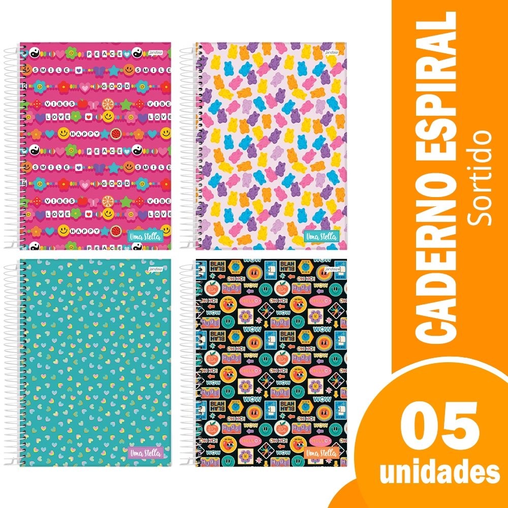 Caderno Espiral Jandaia 1/4 Capa Dura Stella 80 Folhas - Embalagem com 5 Unidades