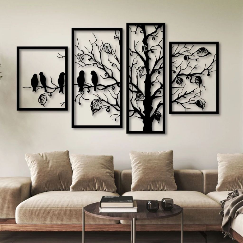 Quadros Decorativos Árvore Pássaros Da Vida Mosaico Sala Quarto decoração mdf Preto Fosco