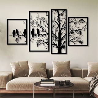 Quadros Decorativos Árvore Pássaros Da Vida Mosaico Sala Quarto decoração mdf Preto Fosco