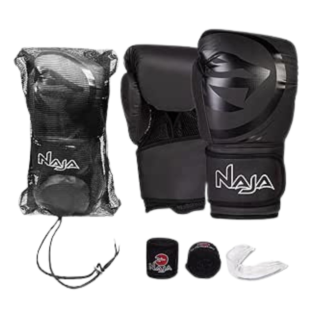 Kit Luva Box Muay Thai Naja + Bucal + Bandagem + Bolsa , Preta, 12 OZ