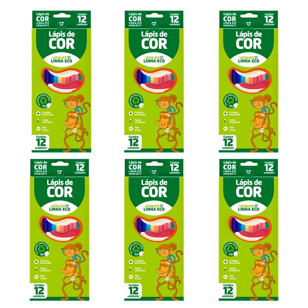 Kit 6 Caixa Lápis de Cor 12 Cores Grande Leo & Leo  Material Escolar Colorir