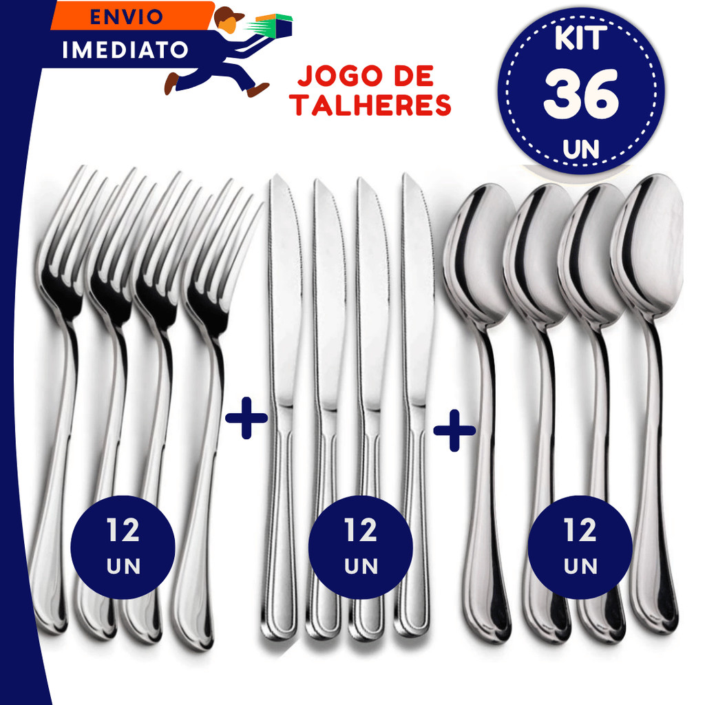 Jogo 36 Talheres linha Premium Aço Inox 12 Facas de Mesa 12 Garfos de Mesa 12 Colheres de mesa Buffet Restaurante Bistrô