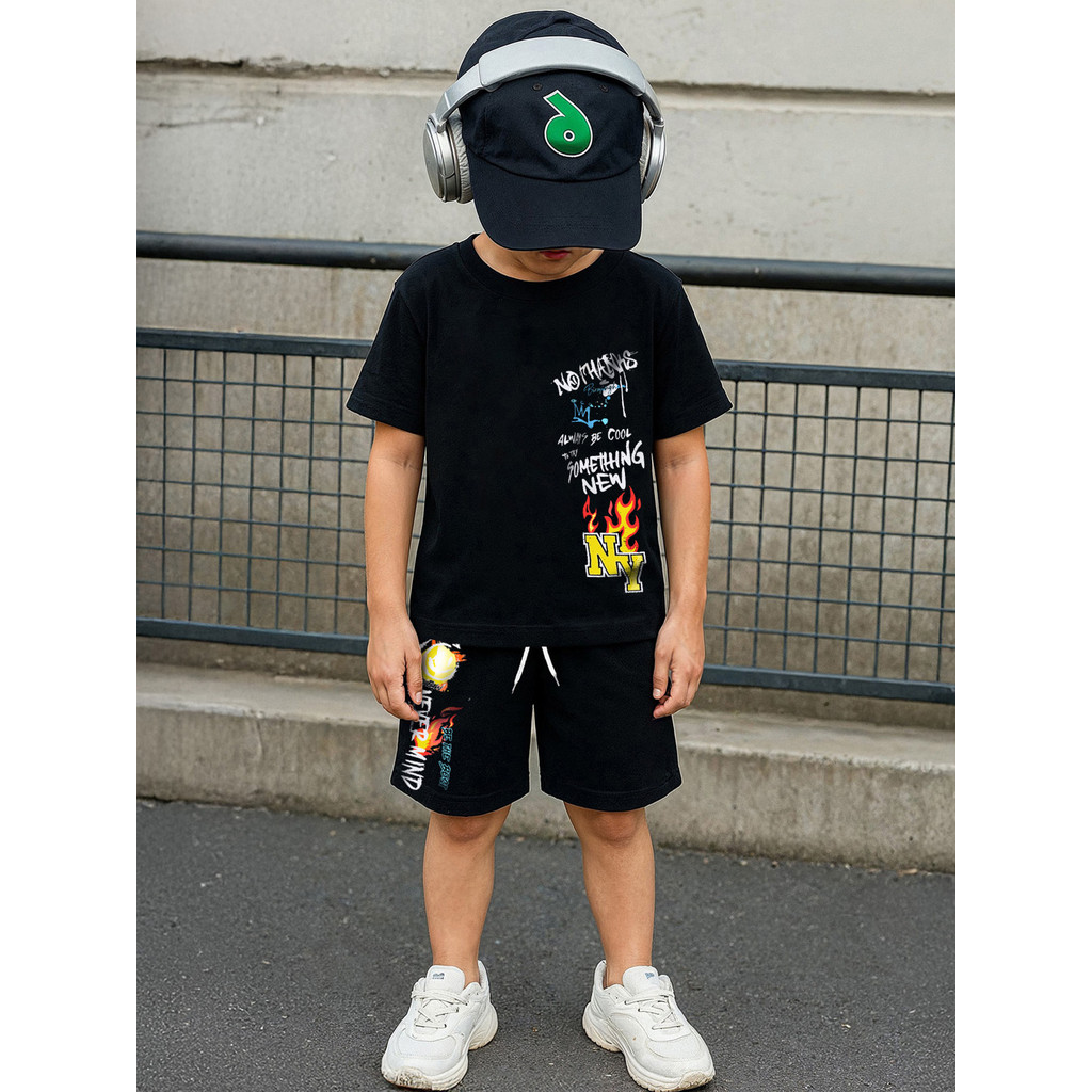 Conjunto Juvenil Masculino Camiseta Preta e Shorts New Never Mind 100% Algodão 4 a 16 Anos